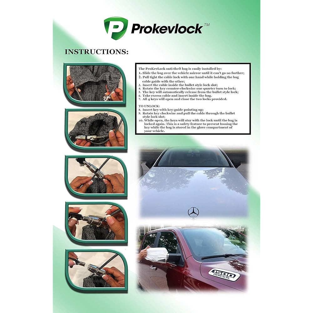 PROKEVLOCK Side Mirror Cover Cable Locked -Theft Side Mirror Cover Kebra Fabric Protection Universal Size -Fits all cars, SUVs, protection from ice and birds falling