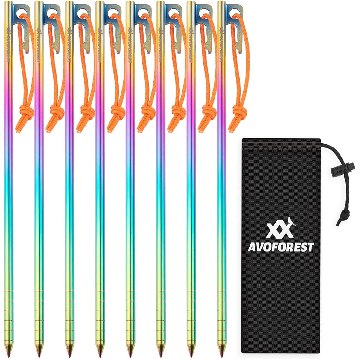 Titanium Pegs AVOFOREST Burnt Color Pegs 25CM Titanium Alloy Laser Integrated Welding Includes Reflective Material Fixed Rope Included Ultra Lightweight High Strength 8 Piece Set For Tents, Tarps, Outdoor/Camping Supplies, Rocks, Sandy Beaches, Gravel, H