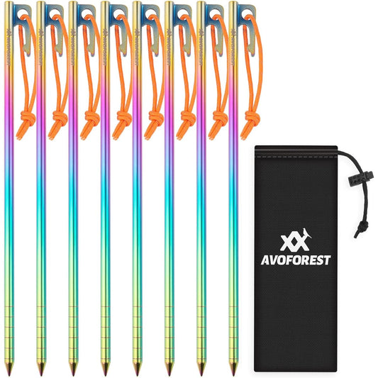 Titanium Pegs AVOFOREST Burnt Color Pegs 25CM Titanium Alloy Laser Integrated Welding Includes Reflective Material Fixed Rope Included Ultra Lightweight High Strength 8 Piece Set For Tents, Tarps, Outdoor/Camping Supplies, Rocks, Sandy Beaches, Gravel, H