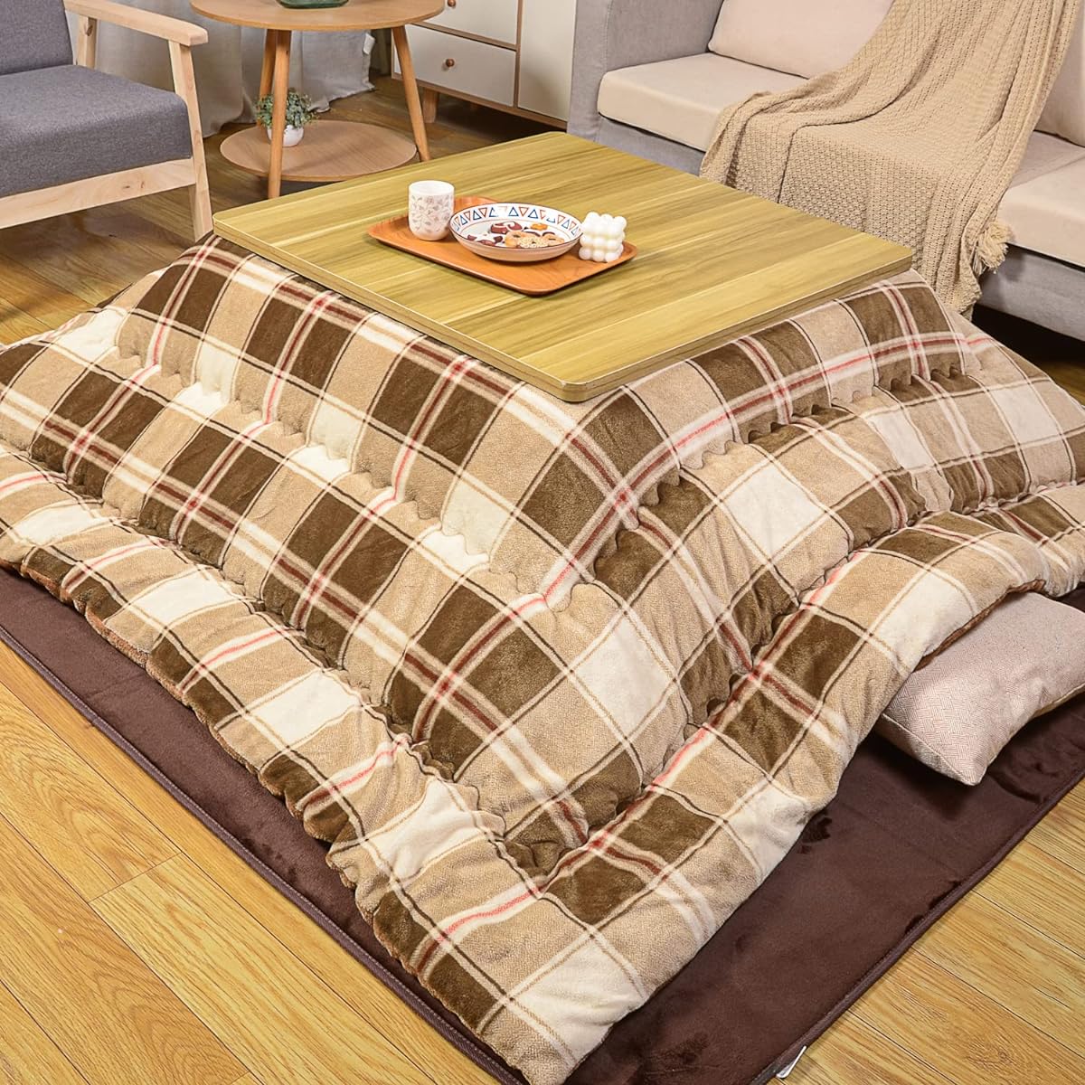 Peto-Raifu Kotatsu Futon, Kotatsu Thick Comforter, Single Comforter, Square, Reversible, Can be used on both sides, Smooth, Flannel material, Made of heat-generating cotton, Heat retention, Can be washed, Does not shed, Check pattern ①, 185 x 185 cm