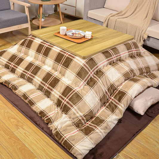 Peto-Raifu Kotatsu Futon, Kotatsu Thick Comforter, Single Comforter, Square, Reversible, Can be used on both sides, Smooth, Flannel material, Made of heat-generating cotton, Heat retention, Can be washed, Does not shed, Check pattern ①, 185 x 185 cm