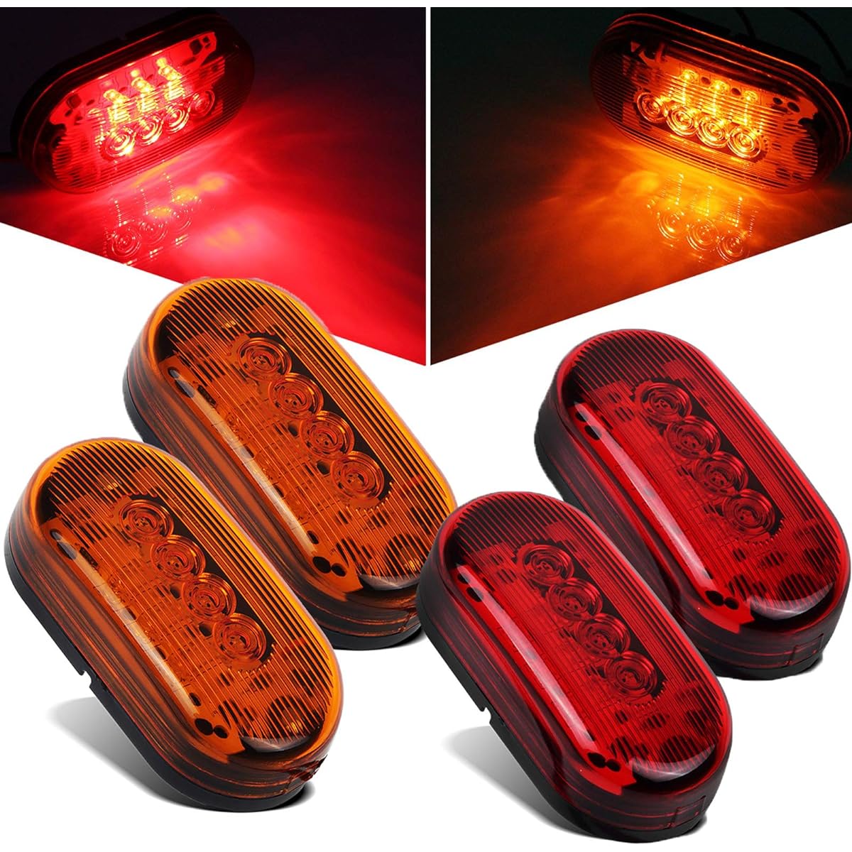 PARTSAM Amber 2 pieces + 2 Red 2V 4 inch x 2 inch Oval LED Truckside Marker Light surface Mount 10 Diode, Sealed Trailer LED Clearance and Side Marker Light Black Base LED LED Light