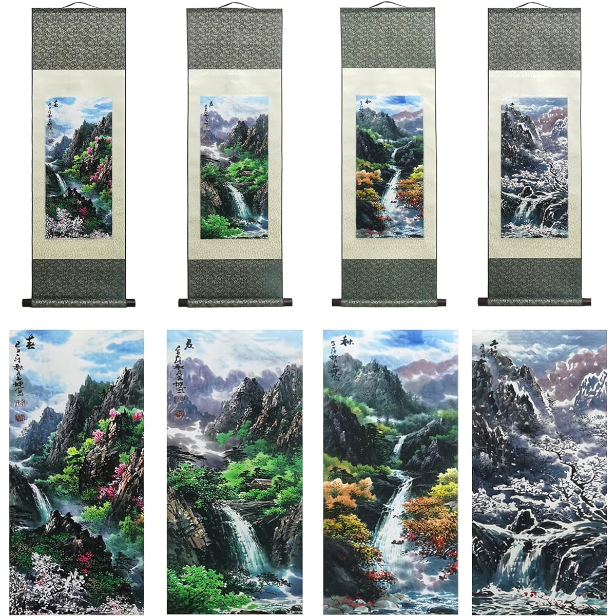 Silk Hanging Scroll Silk Scroll Painting Asian Wall Decoration Four Seasons Spring Summer Landscape Painting Beautiful Chinese Painting Hanging Scroll Painting Scroll Oriental Decoration 99 x 30 cm (39 x 12 inches)