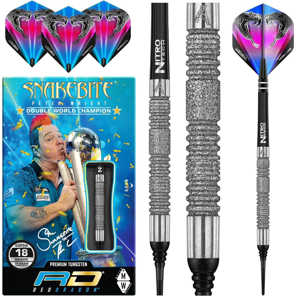 Red Dragon Peter Wright Snakebite Euro 11 Element Soft-Tip - 18 Gram - Premium Tungsten Steel Darts with Flights, Shafts