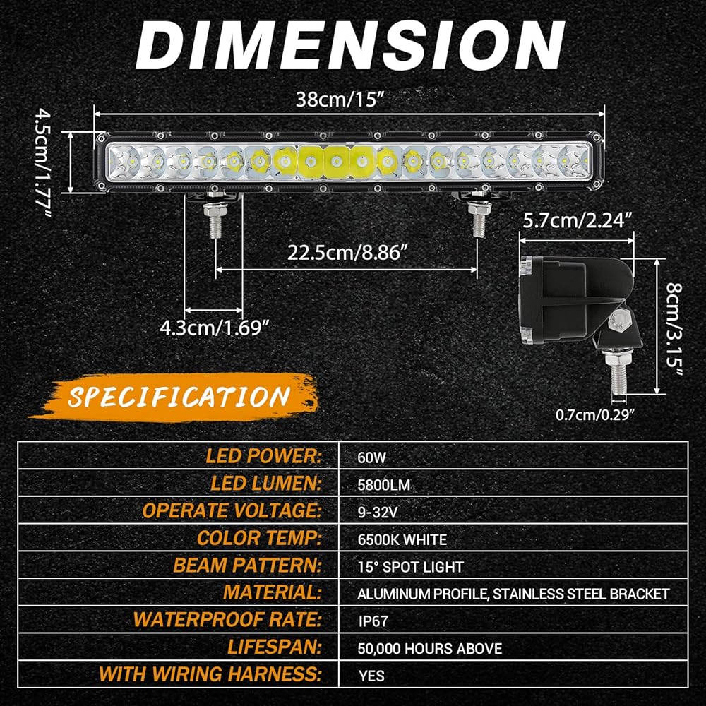 AUXBEAM LED light bar 1 row 14 inch 60W Ultra -thin spot Beam off -road driving Fog Fog Bumper Loped Ropro Fil Wiring Harness Track Boat ATV UTV UTV Car Jeep