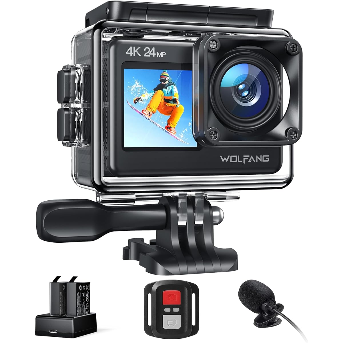 WOLFANG GA200 Action Camera [With Microphone] 4K 24MP Waterproof 40M Dual Screen Camera EIS Image Stabilization WiFi Adjustable Wide Angle Vlog Camera (Charger, 2 Batteries, Remote Control and Accessory Kit)