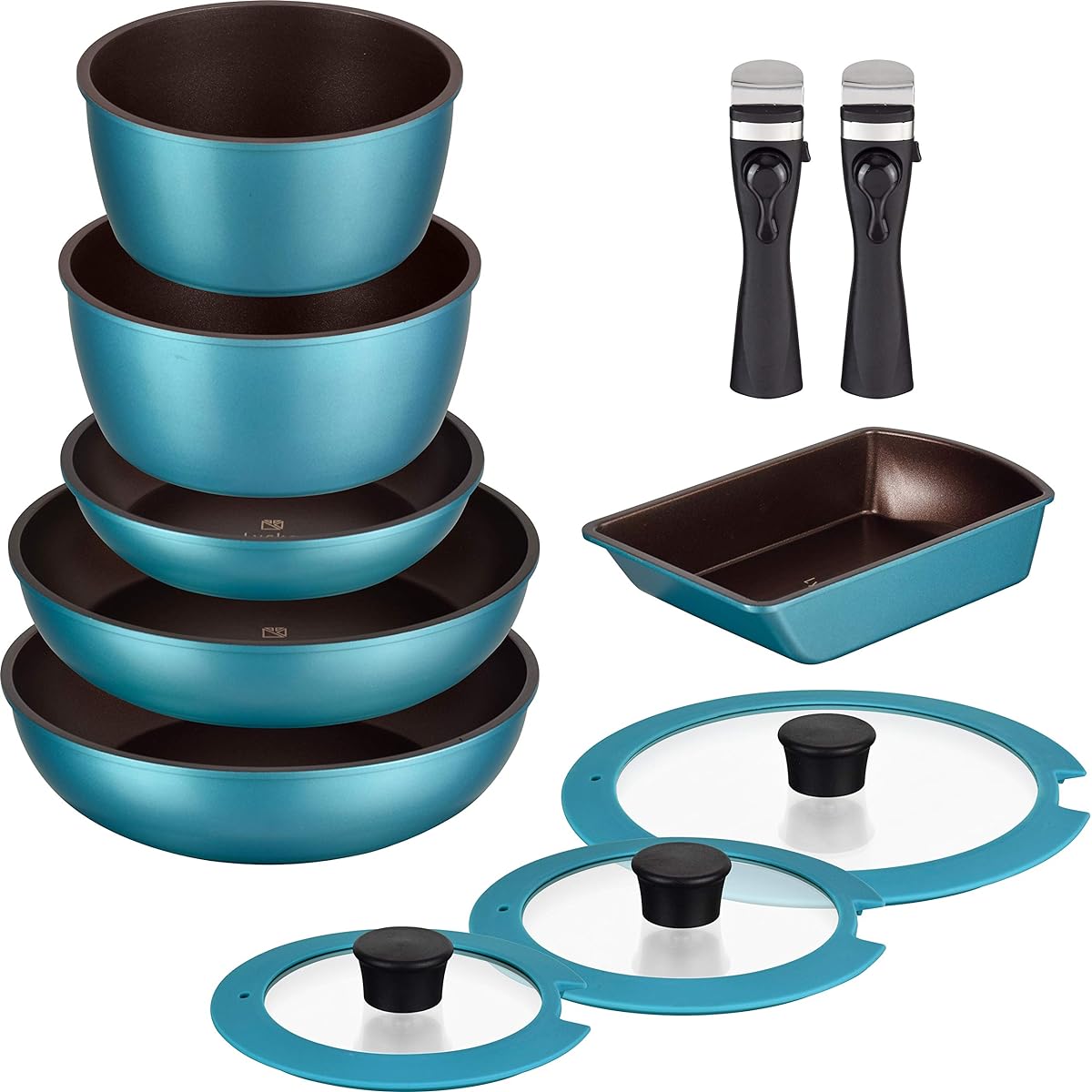 Lycka Pots and Frying Pans, 11 Piece B Set, Turquoise, Detachable Handle, IH/Gas/Oven Cookable, Dishwasher Safe, Diamond Coated AMB-1937