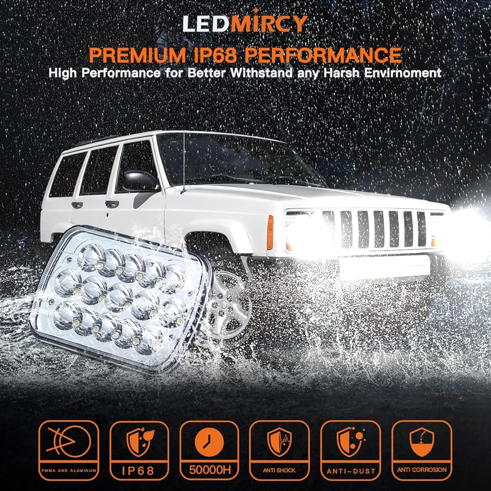LEDMIRCY 5x7 LED Headlight Dot Approval rectangular headlights 2 90W High -low and low sealed beam square 7x6 inch jeep cherocye off -road track H6054 H6014 H6052 6053 Replacement