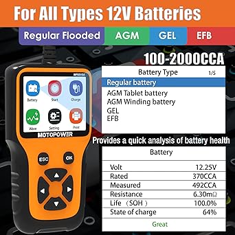Motopower MP0515A 12V Digital Car Battery Road Tester Voltage Meter 100-2000 CCA Charging System Analyzer