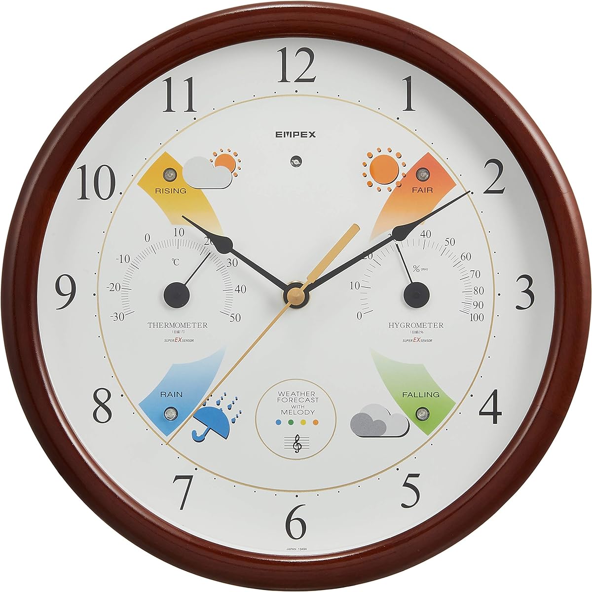 Empex Weather Meter Temperature and Hygrometer Super EX Melody Weather Station with Weather Forecast Function for Wall Mounting Made in Japan Brown EX-5478