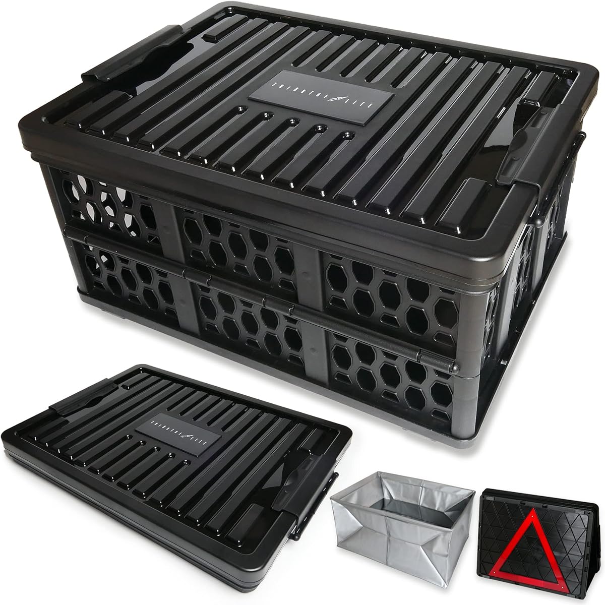 Ciaza Life Container Box, Trunk Cargo Basket with Lid, Storage Box, Folding, Waterproof Bag, with Reflector, Cold Insulation, Large Capacity 28L, Load Capacity 28kg, Camping, Outdoors, Black