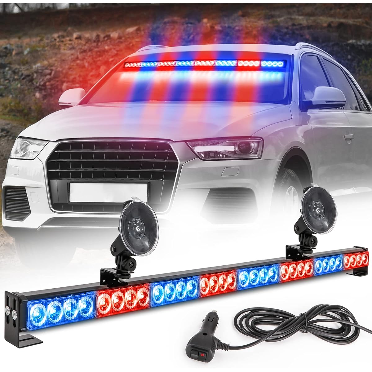 LED Warning Light 36 inch Police Emergency Strobe Bar 13 Flash Pattern 32 LED Traffic Advisor Vehicle Police Police Strobe Warning Flashed LED With Safety Light Sigar Lighter (35.5 inch Red/Blue)