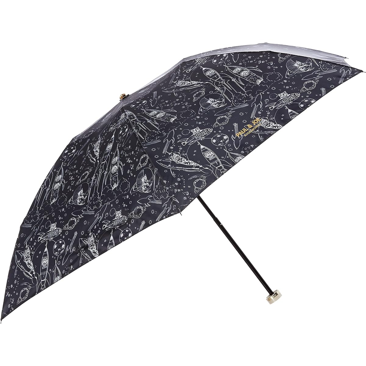[Moonbat] Folding Umbrella PAUL & JOE (Paul & Joe) Space Cat Travelers Rain Umbrella Folding Umbrella with Logo Simple Stylish Cat Travel Cute Ladies Black Rib Length: Approx. 55cm