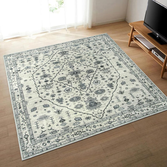 HAOCOO Carpet Rug, Washable, 185 x 185 cm, Suitable for All Seasons, Ethnic Style Rug, 2 Tatami Mats, Square, Fluffy, Non-Slip, Memory Foam, Dust Mite Resistant, Odor Resistant, Lightweight, Soundproof Mat, Desk Mat, Dining Mat, Compatible with Hot Carpe