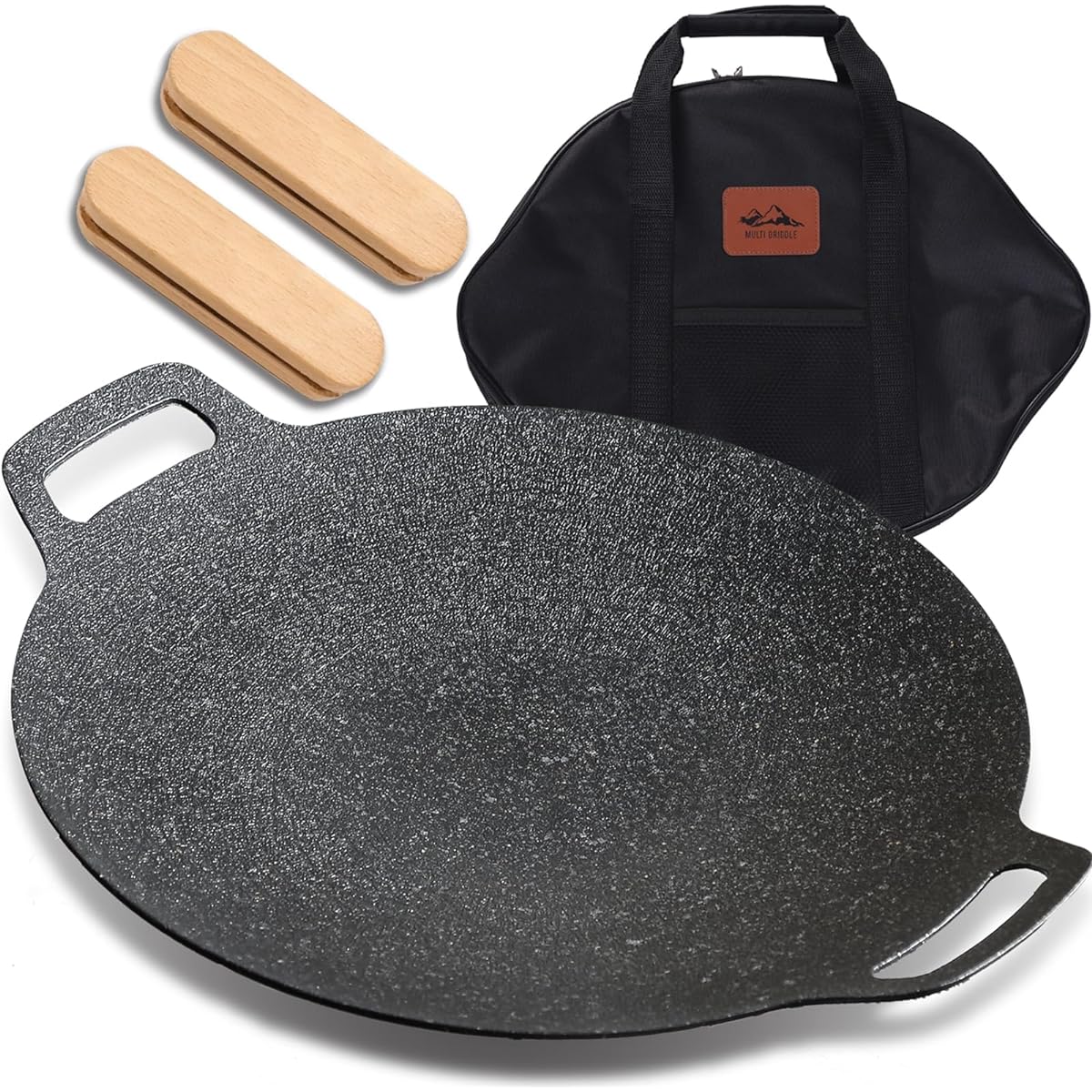 HOME COCCI Multi Griddle [Media coverage! Wooden handle & special case included] Grill Pan, Camping Iron Plate, Deep, Lightweight, Iron Plate, Barbecue, Yakiniku Plate, Multi Griddle Pan, 34cm, Gas/Open Fire Compatible