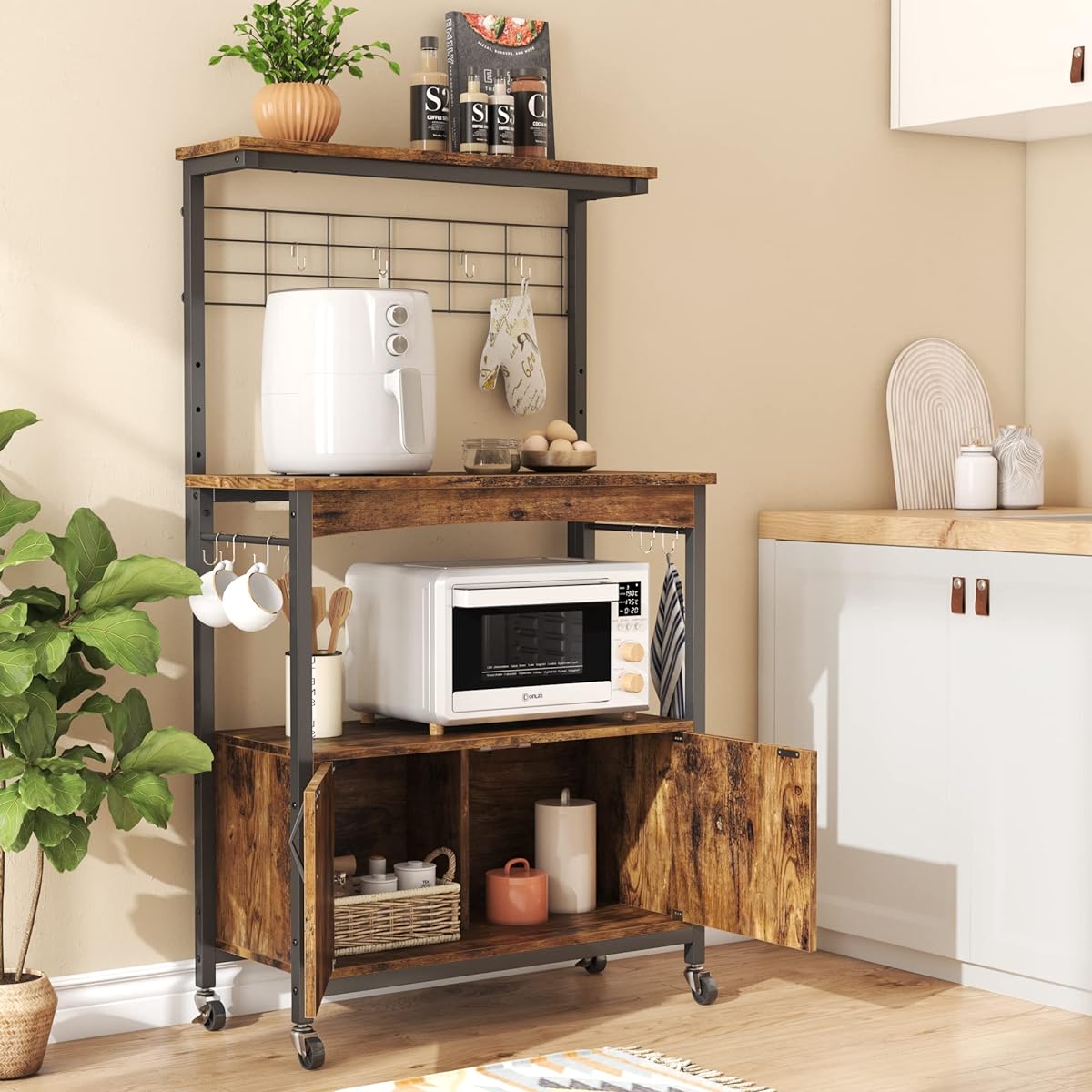 Bestier Cooktop Range Board Kitchen Rack Range Shelf Width 80cm 4 Tier Storage Height Adjustable Door Includes 4 Casters Wood Grain Range Wagon Kitchen Storage Rice Cooker Rack Cupboard (Brown)