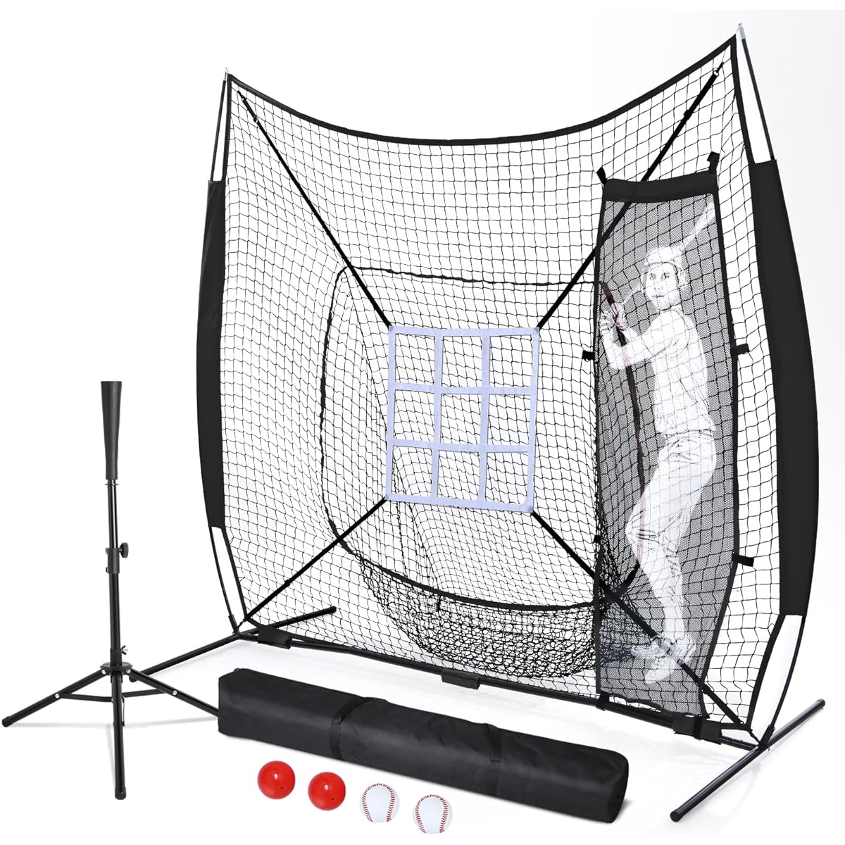 Baseball Net, Practice Batting Net, Pitching Net, 213cm*213cm, Baseball Equipment, Batting, Pitching, Ball Net, Laning Ball, Compatible with Softball/Hardball, Softball, Storage Bag Included, Batting Tee, Doll Target, Number Target Included, Easy to Asse