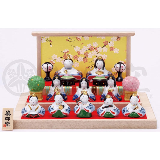 Yakushi Kiln Dyed Nishiki Flower Komon Decorative Hina (Three-tiered Decoration)