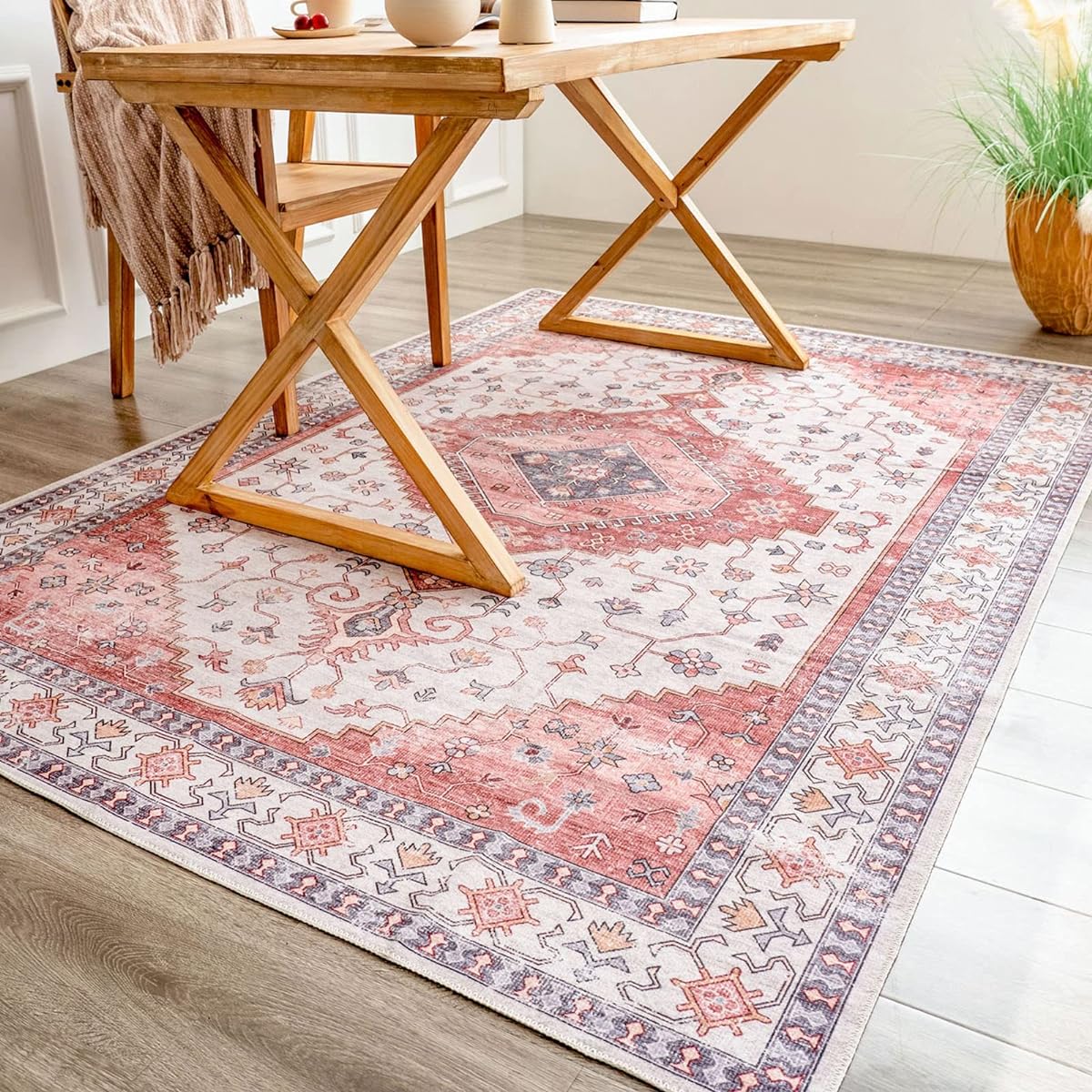DECOMALL Carpet, 2 Tatami Persian Style Rug, Washable, Floral Pattern, 185X185CM, All Seasons, Anti-Slip, Pink, Odor Resistant, Dust Mite Resistant, Compatible with Floor Heating
