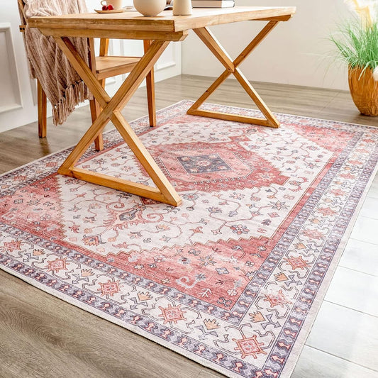 DECOMALL Carpet, 2 Tatami Persian Style Rug, Washable, Floral Pattern, 185X185CM, All Seasons, Anti-Slip, Pink, Odor Resistant, Dust Mite Resistant, Compatible with Floor Heating