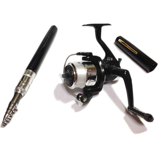 Closing dimensions 22cm Total length 150cm Minimum fishing rod Pen type portable rod Set with spinning reel Black