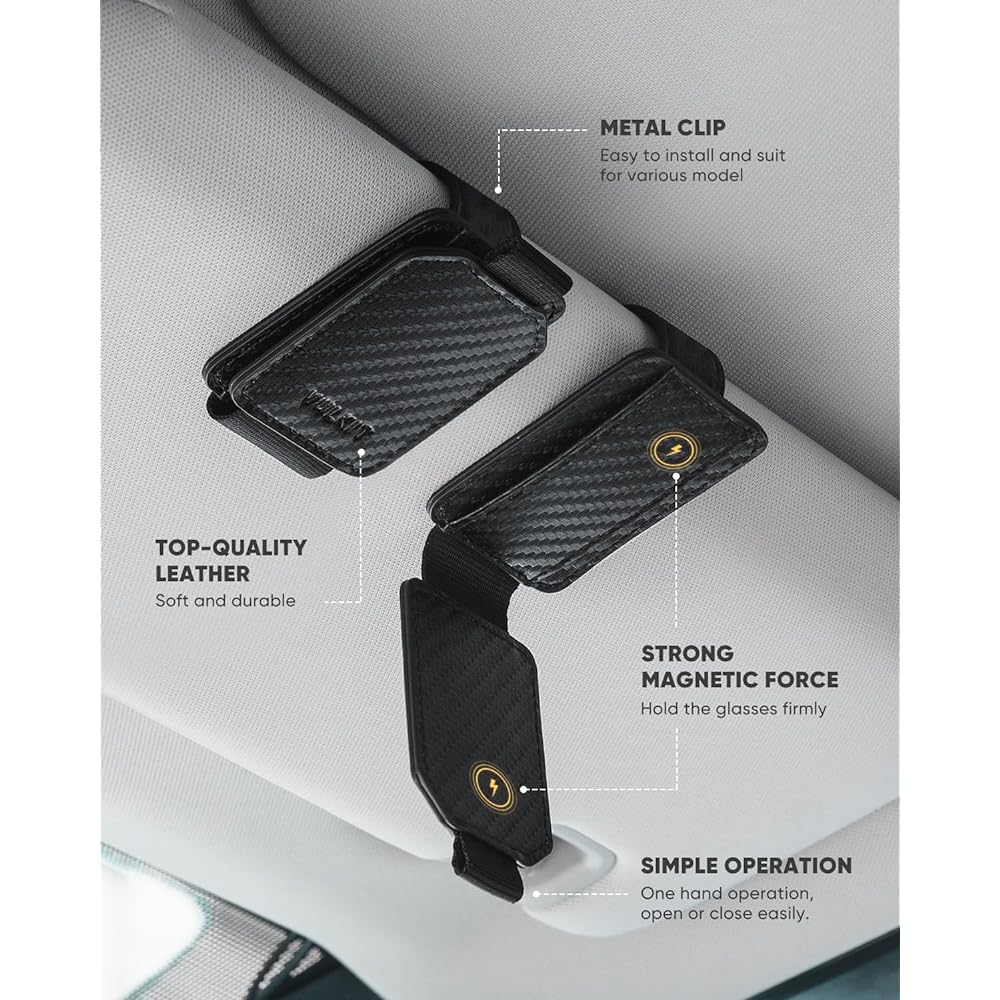 VULKIT Sunglasses Holder Magnetic Leather Sunglasses Card Clip Glasses Hanger Mount Car Viser Accessories Automotive Travel, CF-Black