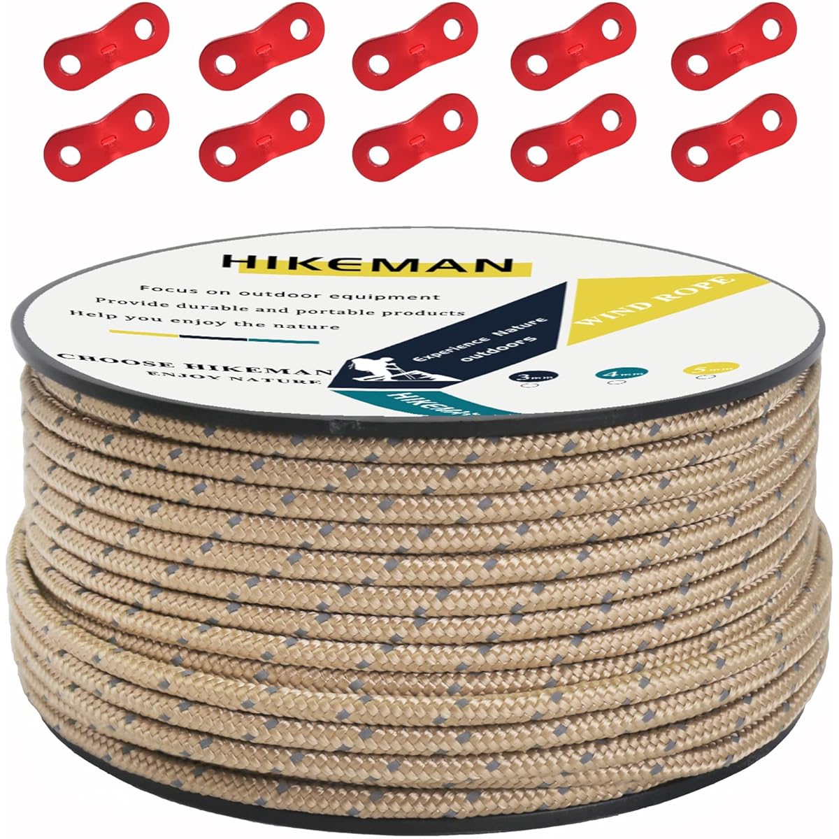 Tent Rope Guy Rope 4mm Reflective Paracord Tarp Rope Guyline with Flexible Hardware 50M/30M Aluminum Flexible Hardware Bobbin Winding Seamless Uncut Camping Rope 3mm 4mm 5mm Tarp Rope (Khaki Color (Diameter 5mm))