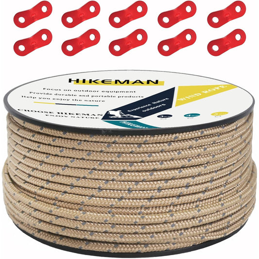 Tent Rope Guy Rope 4mm Reflective Paracord Tarp Rope Guyline with Flexible Hardware 50M/30M Aluminum Flexible Hardware Bobbin Winding Seamless Uncut Camping Rope 3mm 4mm 5mm Tarp Rope (Khaki Color (Diameter 5mm))