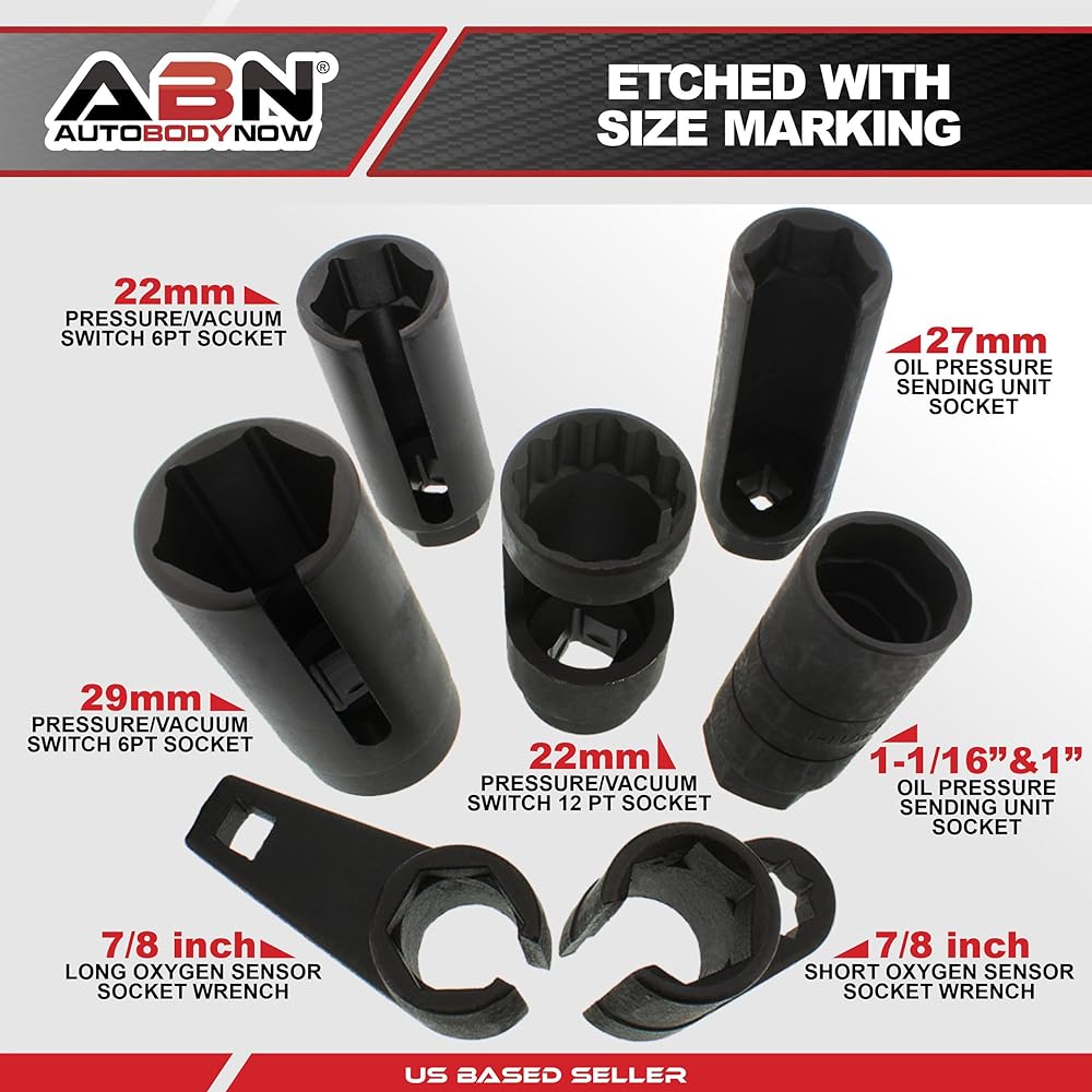 ABN Oxygen 02 Sensor Socket 7-Piece Tool Kit – 22mm (7/8in), 27mm, 29mm – All Vehicle O2 Removal and Installation