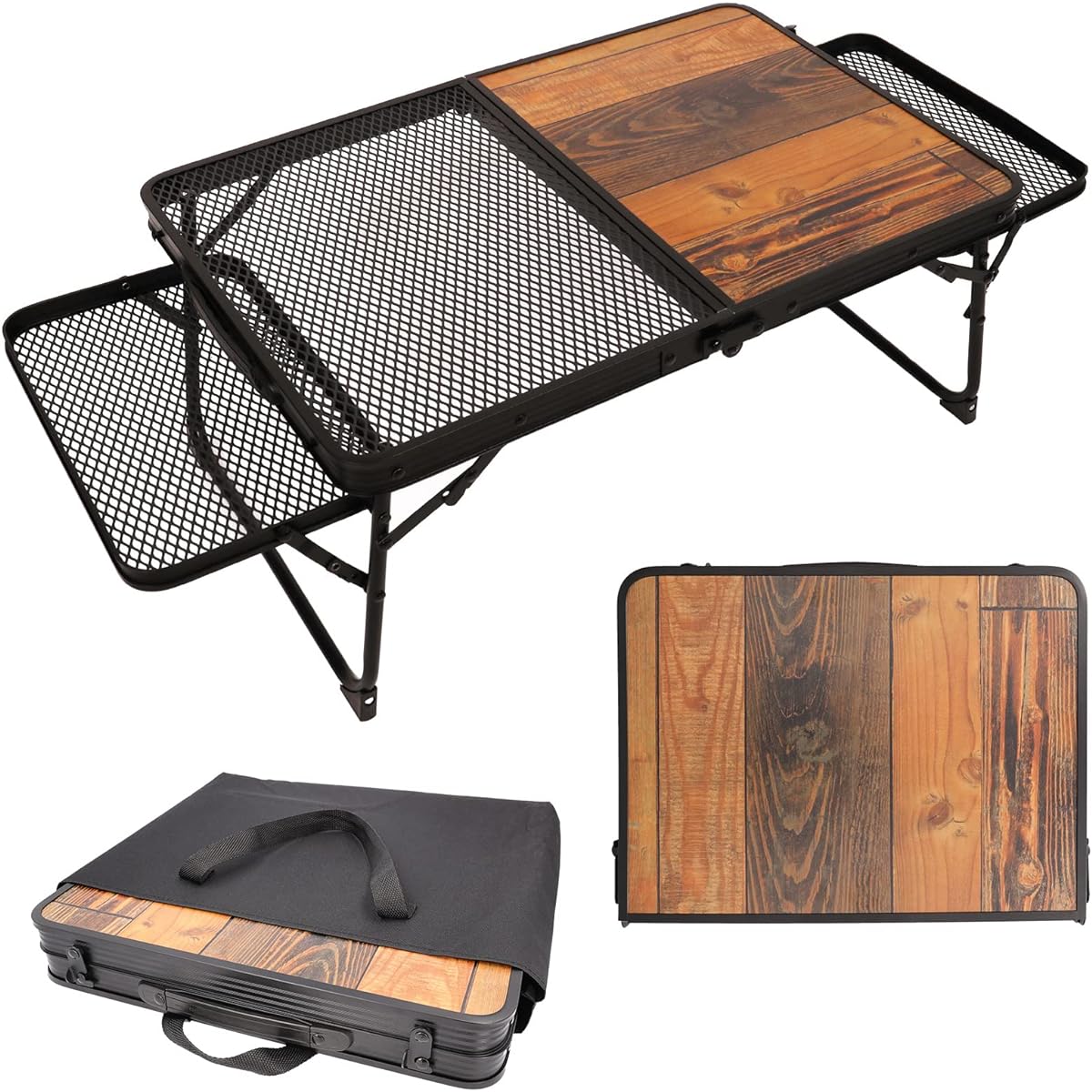 Mesh Camping Table with Side Table Folding Compact Low Table BBQ Wood Grain Lightweight Storage Bag Included ZAIDEA