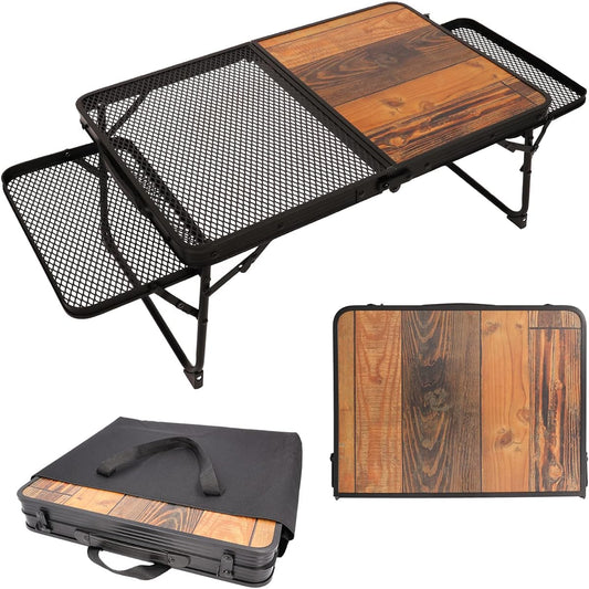 Mesh Camping Table with Side Table Folding Compact Low Table BBQ Wood Grain Lightweight Storage Bag Included ZAIDEA