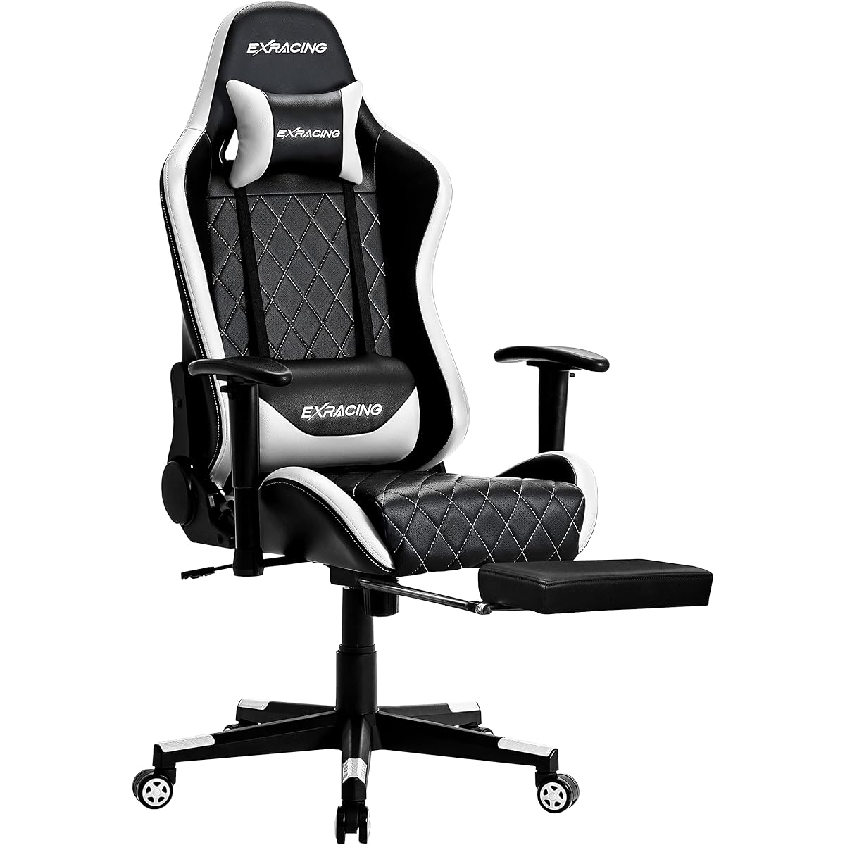 [Domestic Manufacturer] EXRACING Gaming Chair with Ottoman [Ergonomic 3D Design] Office Chair, Desk Chair, Chair, Gaming Chair, Computer Chair, High Back [Uses Non-Recycled Urethane] Headrest, Lumbar Support, PU Leather [Planned in Japan] (White)EX- 002-