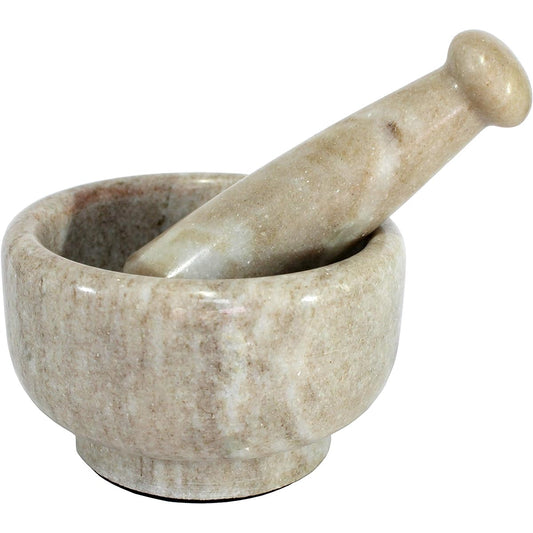 KLEO 5" Diameter Natural Stone Marble Mortar and Pestle Set Spice Grinder, Medicine Masher (Beige)