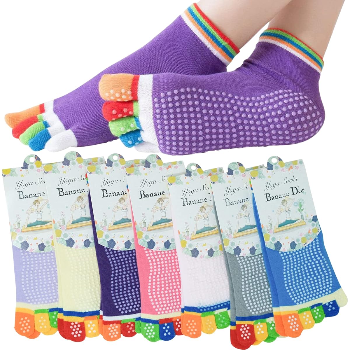 [Banane D'or] Yoga Socks, 5 Toes, Non-Slip, Women's, 7 Colors Set, Tilapis Socks, Socks