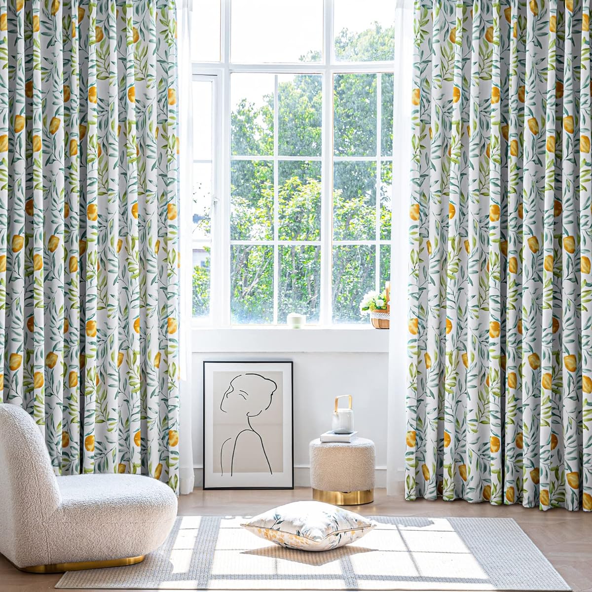 AZRA Curtains, Blackout 99.9% or More, Scandinavian Lemon Pattern, Width 100cm, Length 200cm, Set of 4, Shape Memory, UV Protection, Insulation, Cold Protection, Energy Saving, New Life Support, Cute, Refreshing, Living Room, Coffee Shop, Kindergarten (2