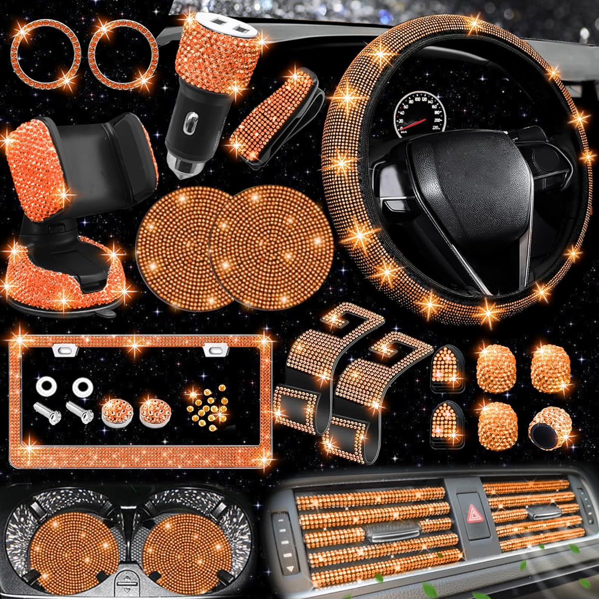 NBTEPEM 27 Piece Glitter Car Accessory Set for Women's Glitter Handle Cover Universal Fit 15 inch Glittering Number Plate Frame Glittering Phone Glitter Car Coaster (Orange Diamond)