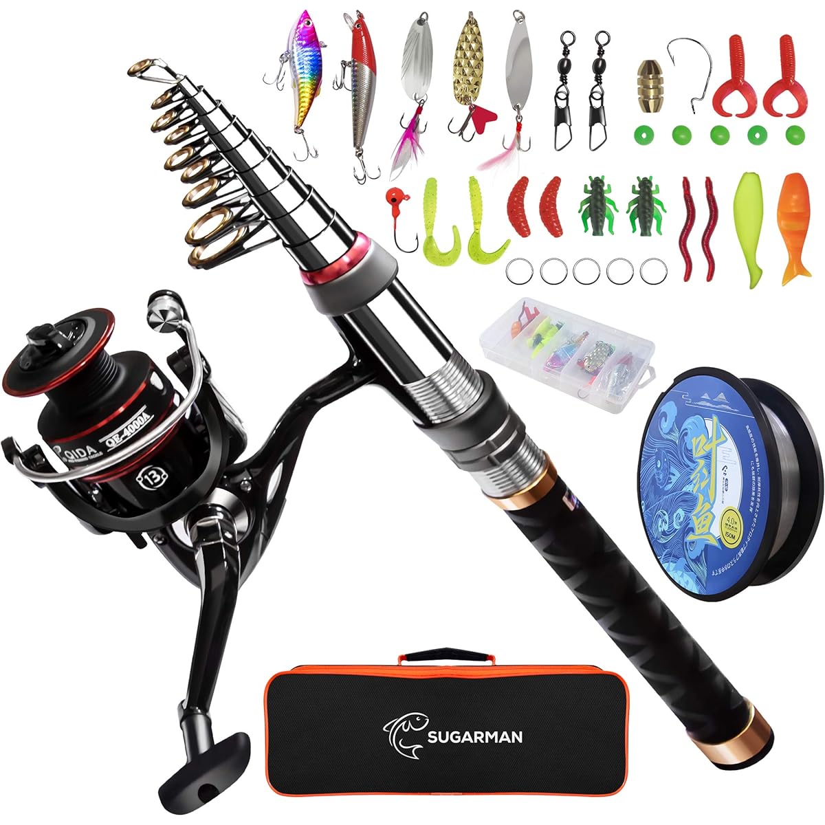 Sugarman Fishing Set, Fishing Rod, 2.1M Carbon Telescopic Fishing Rod, Spinning Reel, Fishing Bait, Fishing Line Included, For Beginners, Fishing Rod Set, Storage Bag and Japanese Instruction Manual Included, Sea Fishing, River Fishing, Hole Fishing, Roc