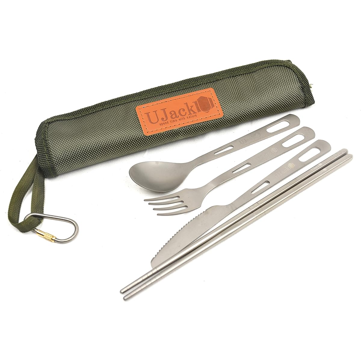 UJack Titanium Cutlery Set for 1 Person, 4 Pieces with Storage Case, Knife, Fork, Spoon, Chopsticks