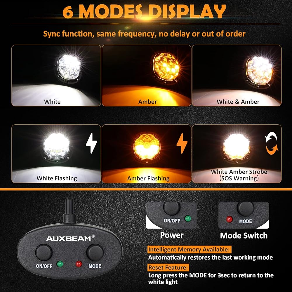 AUXBEAM 6 Mode Amber White White LED Light 4 inches 90W Round Off Road Fog Road Strobe Dual Color LED Pod Drive Off -Load Spot Light Bar Plug & Play Truck Car Ford Polarislangler