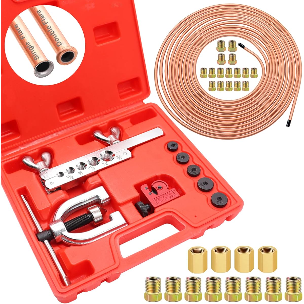 WeIDEER 1/4 inch copper coating brake line tube kit -25 feet (including 16 joints and 4 union +8 nut brake lines) + double & single flare tool kit 45 degrees for brake line