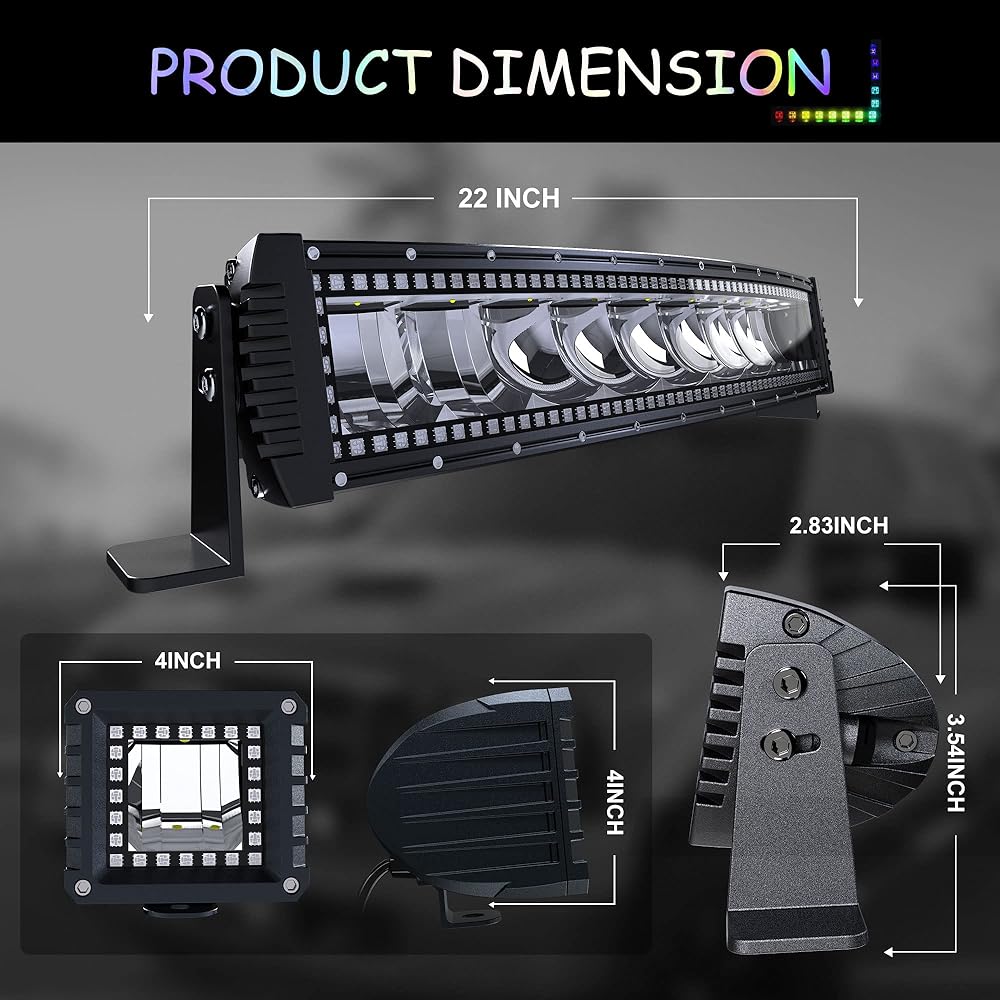 FEELON 22 inch curved RGB LED light bar 2X 4 flood LED pod tracking RGB HALO 16 color off -road driving fog switch with wiring harness