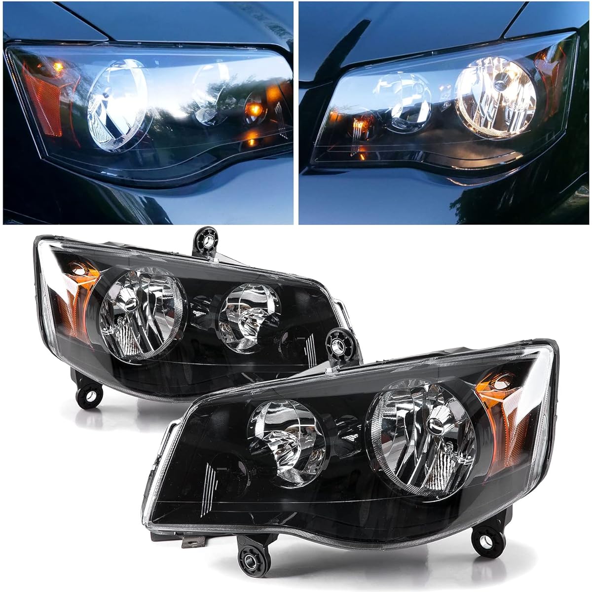 ECOTRIC Pair Headlight 2011-2020 DODGE Grand Caravan 08-16 CHRYSLER TOWN & COUNTRY Black housing headlamp (driver's passenger seat)