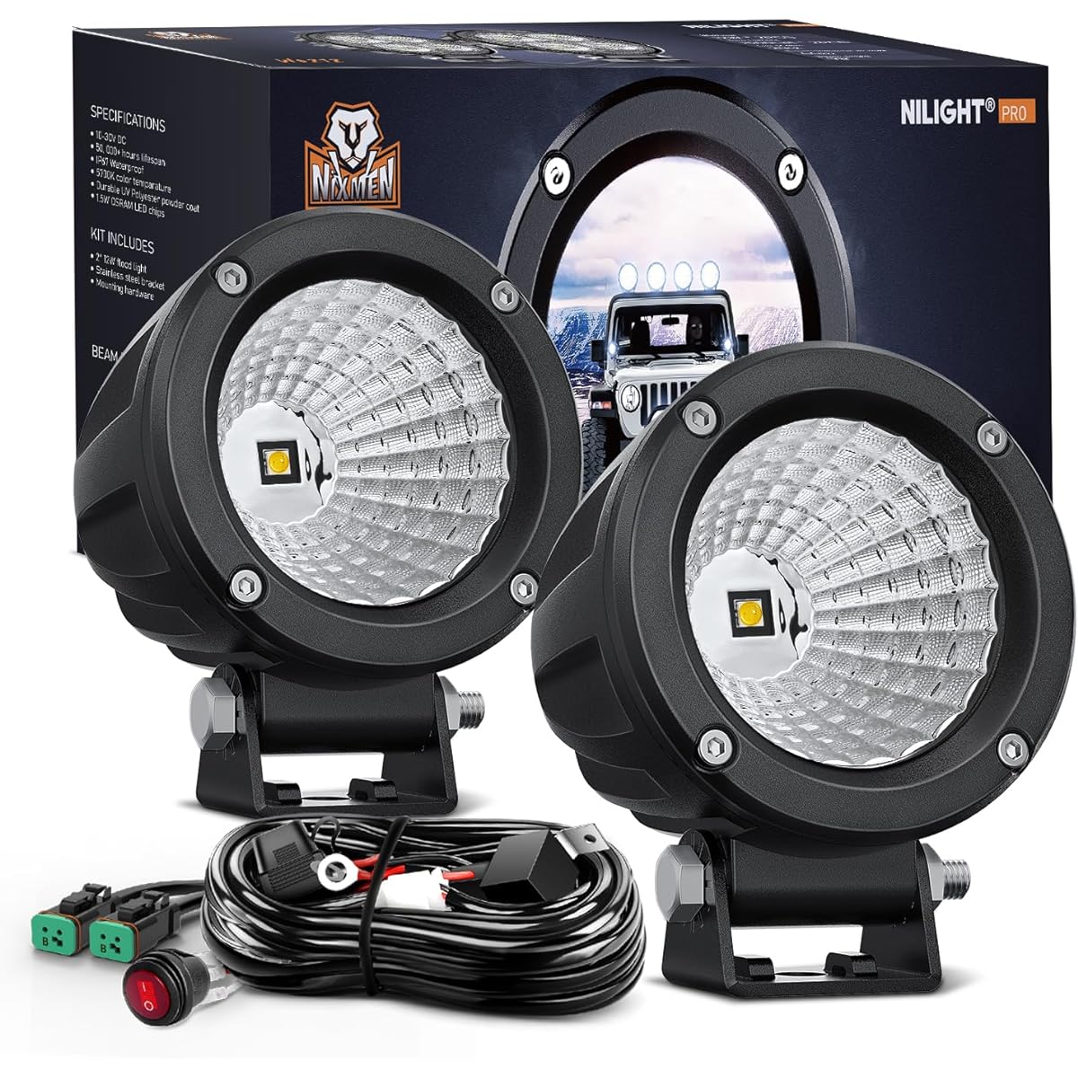 NILIGHT LED Light Pod 2 3 inch Flood Round LED Off -Road Fog Light 1080LM Built -in EMC Driving Light Auxiliary Light 18AWG DT Wiring Kit Hearness Kit SUV ATV For Truck Boat