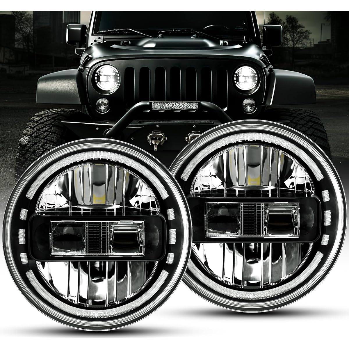 7 inch LED Headlight DOT approval round headlight DRL with low beam and high beam with Jeep Langler Jeep Langler JK LJ TJ 1997-2018 Headlamp Hummer H1 H2-2020 Exclusive Patent (Black)