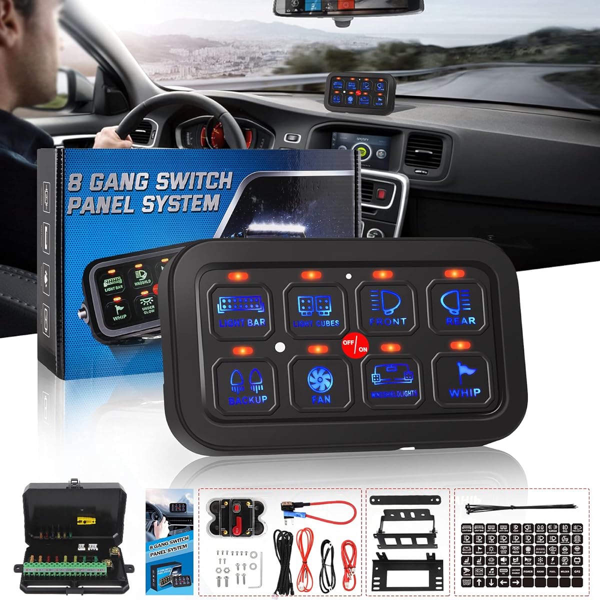 8 Gango Universal Switch Controller Panel Donorable Electronic Relay Automatic System LED Cars Switch Button Touch Screen Circuit Control Box Track SUV ATV UTV RV Boat (Blue)