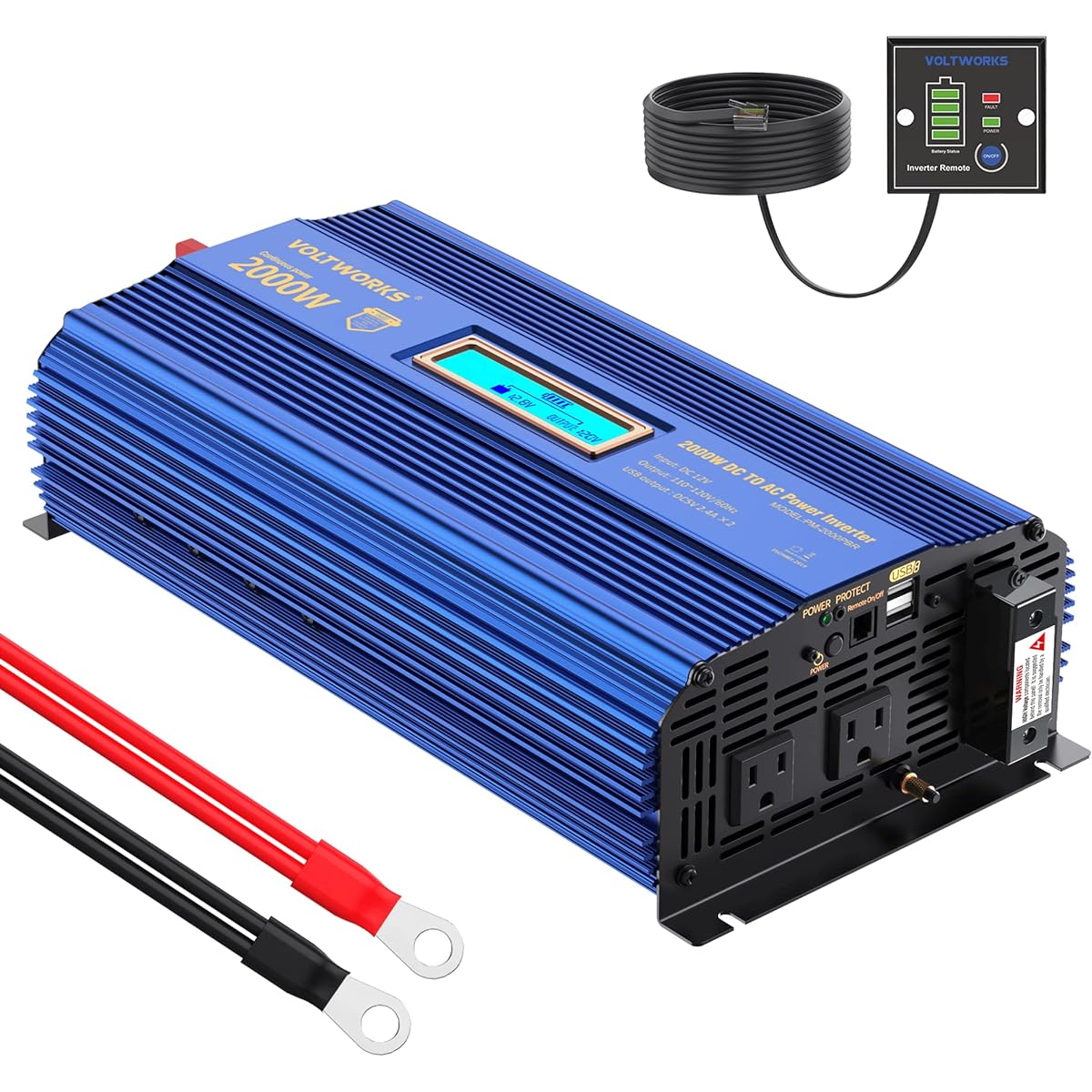 Power Inverter 2000 Watt DC 12V to AC 120V Modified Sinus Wave Inverter LCD Display Remote Control 3AC Outlet Dual 2.4A USB Port for Car RV Truck Boat
