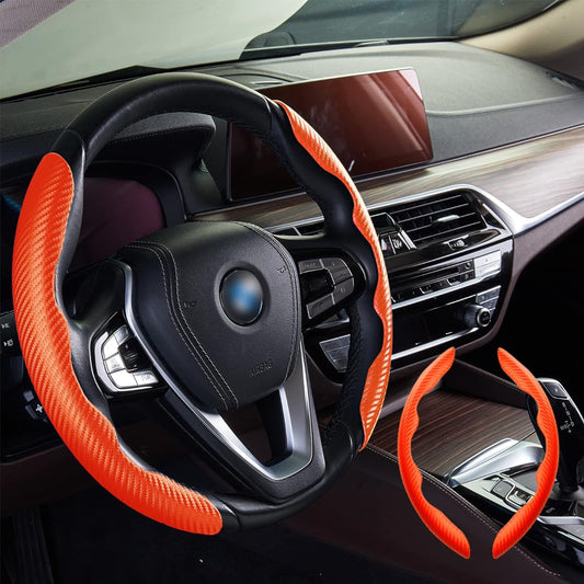 Handle Cover Carbon Fiber Leather Handle Grip Universal Fit 99% Car Wheel Protector (Orange)