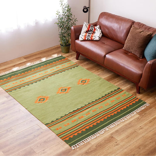 Hagiwara Rug Green Approx. 140 x 200cm "Anshu" 100% Wool Handwoven Rug Kilim Wool Camping Outdoor Colorful Ethnic Miscellaneous Goods