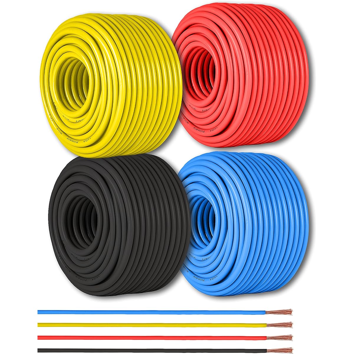 Assorted 12 gauge primary wires. You can choose from 2, 4, 6 roll packs. 100 feet per roll. Copper Clad Alminium cable, audio speaker amplifier, car trailer light wiring. You can choose from 6 colors. 400 FT 12GA-100-4POP