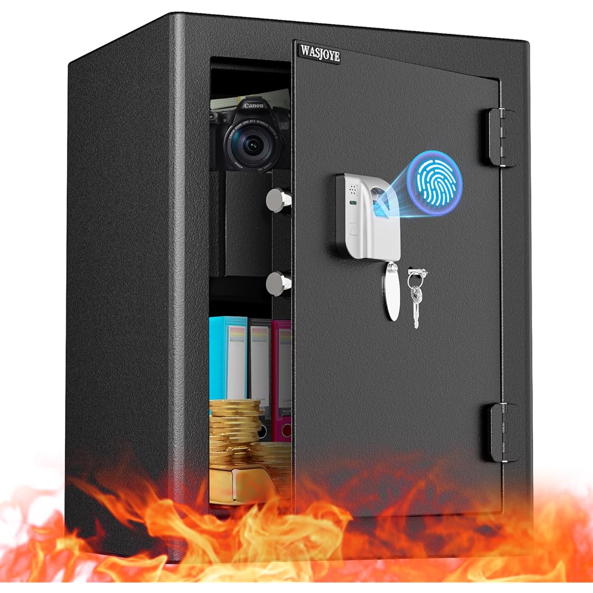 WASJOYE Safe, Fingerprint Authentication Type, Fireproof Drawer, Security Safe, For Home and Commercial Use, Compatible with A4 Paper, Fixed, Lockable, Security Box, Stylish (47L)